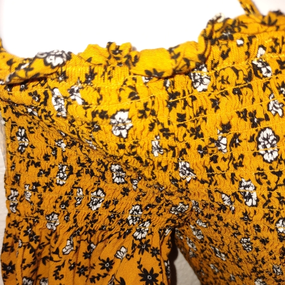 Magnolia Skye Ruched Off Shoulder Peasant Dress. Floral. Orange - Picture 3 of 10